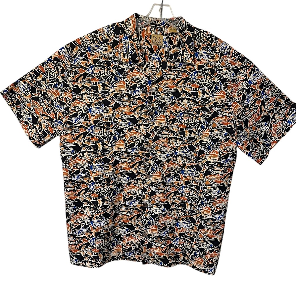 JOS A BANK Mens XXL Silk Button Down Short Sleeve Fish Print Shirt